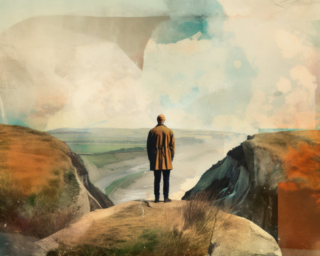 A painting of a man standing on a cliff. AI generative image.の素材