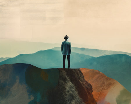 A person standing on top of a mountain. AI generative image.の素材