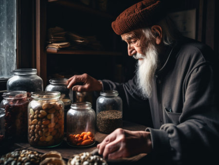 A man with a long white beard is looking at a jar of nuts. AI generative image.の素材