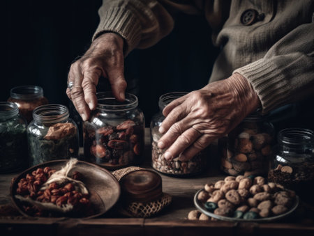 A person putting nuts in a jar on a table. AI generative image.の素材