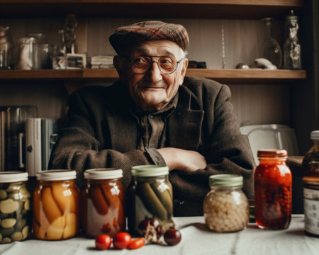 A man sitting at a table with homemade jars of conserved food. AI generative image.の素材