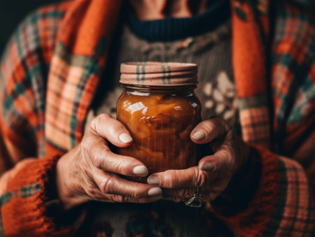 A woman holding a jar of food in her hands. AI generative image.の素材