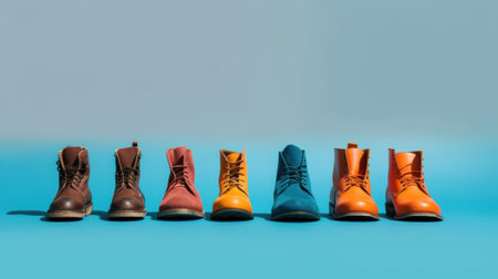 A row of different colored boots on a blue background. AI generative image.の素材