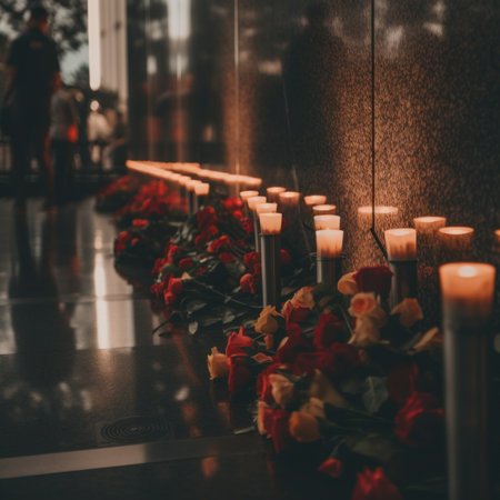 A row of candles with roses on the side of a wall. AI generative image.の素材