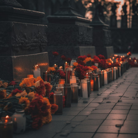 A row of candles and flowers on a sidewalk. AI generative image.の素材