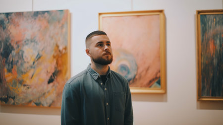 A man standing in front of paintings in an art gallery. AI generative image.の素材