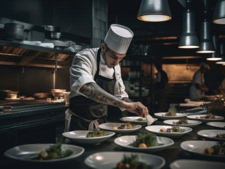 A chef preparing food in a restaurant kitchen. AI generative image.の素材