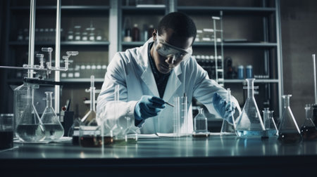 A malem scientist in a lab coat and goggles working in a lab. AI generative image.の素材