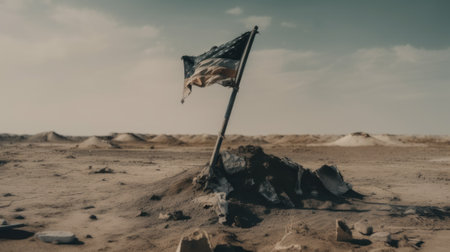 A flag on top of a heap in the desert. A symbolic representation of the futility and senseless. AI generative image.の素材