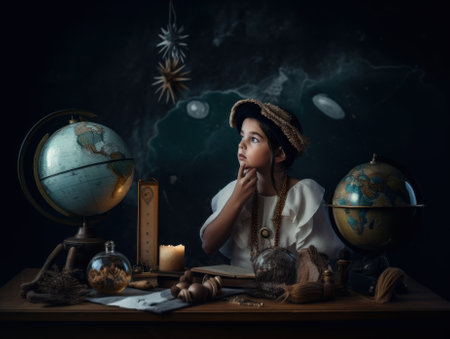 A science learning woman sitting at a table with a globe and other items. AI generative image.の素材