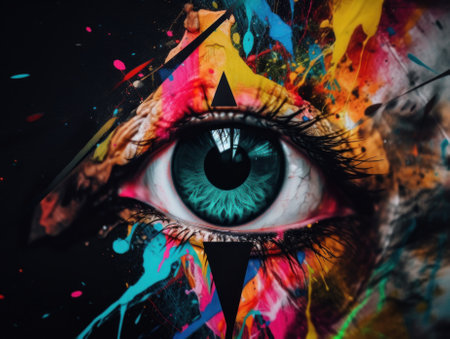 Abstract representation of paranoia, A close up of a persons eye with colorful paint on it. AI generative image.の素材