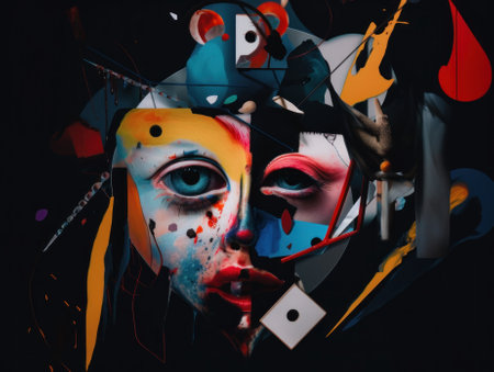 Abstract representation of paranoia, painting of a womans face with multiple colored shapes. AI generative image.の素材