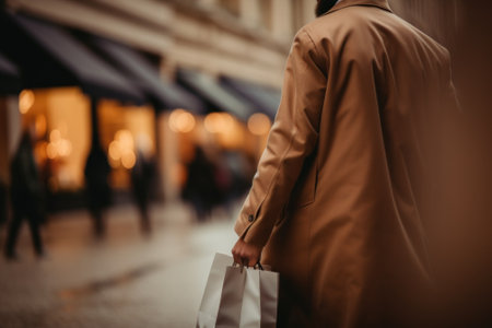 A man in a trench coat holding a shopping bag. AI generative image.の素材