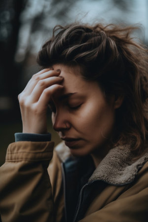 An upset woman holding her head in her hands. AI generative image.の素材