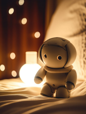 A small toy sitting on top of a bed. AI generative image.の素材