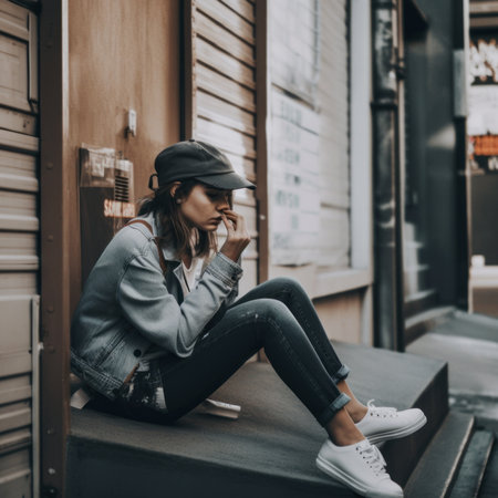 A woman sitting on a ledge and sniffing her fingers. AI generative image.の素材