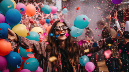 A celebrating woman is surrounded by balloons and confetti. AI generative image.の素材