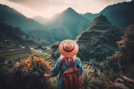 A woman in a straw hat is looking at the mountains. AI generative image.の素材