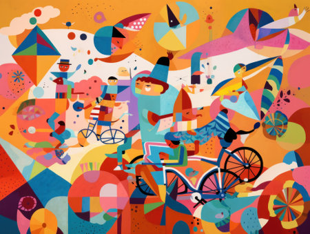 A geometrical abstract painting of a person riding a bike. AI generative image.の素材