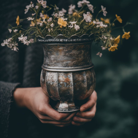 A person holding a vase with flowers in it. AI generative image.の素材