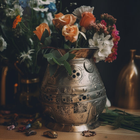 A vase filled with lots of flowers on top of a table. AI generative image.の素材