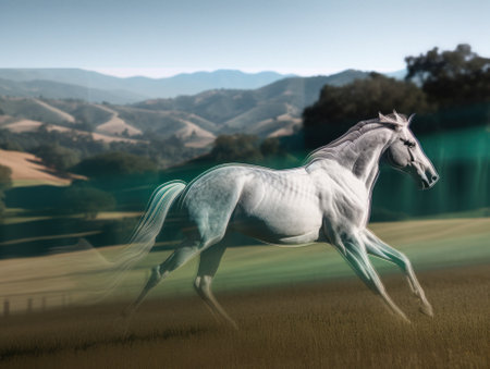 A white horse is galloping through a field. AI generative image.の素材