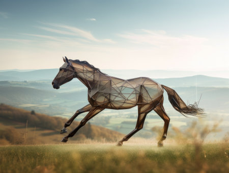 A horse running through a field with mountains in the background. AI generative image.の素材