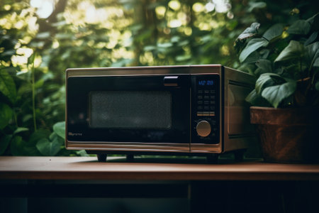 A microwave sitting on top of a table next to a potted plant. AI generative image.の素材