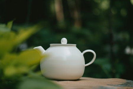 A white tea pot sitting on top of a wooden table. AI generative image.の素材