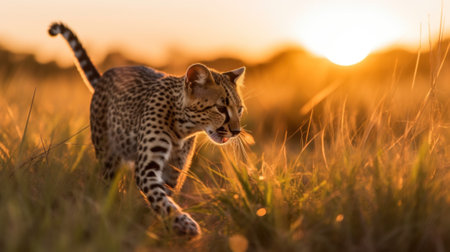 A small cheetah walking through tall grass at sunset. AI generative image.の素材