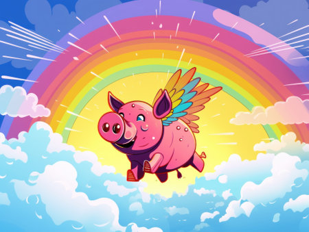 A cartoon pig flying in the sky with a rainbow in the background. AI generative image.の素材