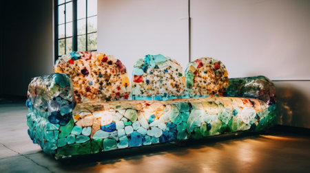 A colorful couch made from recycled glass bottles in a room next to a window. AI generative image.の素材