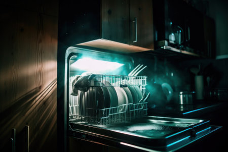 A dishwasher with a lot of dishes inside of it. AI generative image.の素材