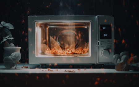 A microwave oven with a flame inside of it. AI generative image.の素材