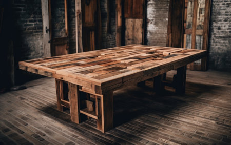 A wooden table made out of recycled wood sitting on top of a hard wood floor. AI generative image.の素材