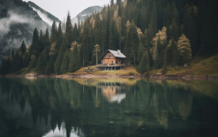 A house sitting on top of a mountain next to a lake. AI generative image.の素材