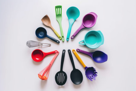 A circle of kitchen utensils arranged in a circle. AI generative image.の素材