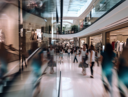 A blurry photo of people walking in a mall. AI generative image.の素材