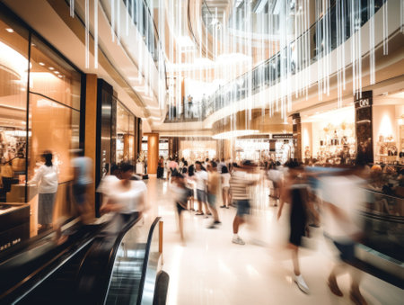 A blurry photo of people walking in a mall. AI generative image.の素材