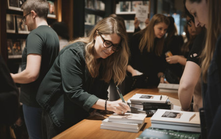 A successful author signing copies of their latest book in group of people standing around a wooden table. AI generative image.の素材