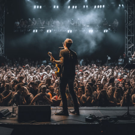 A musician standing on top of a stage with a guitar. AI generative image.の素材
