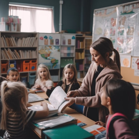 A female teacher reading a book to children in a classroom. AI generative image.の素材