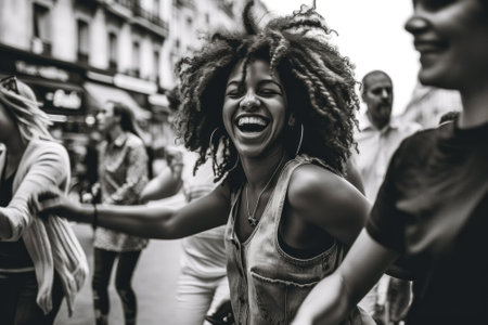A black and white photo of a woman laughing. AI generative image.の素材
