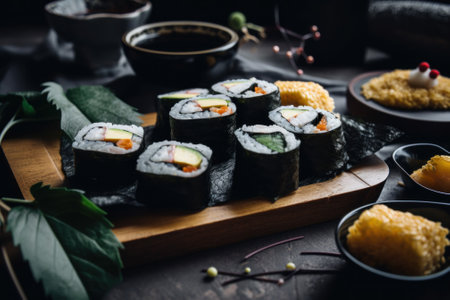 Sushi is served on a wooden platter on a table. AI generative image.の素材