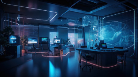 A room that has a desk with a computer on it. AI generative image.の素材