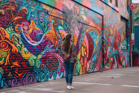 A woman standing in front of a colorful wall. AI generative image.の素材