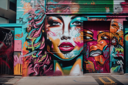 A colorful wall with a womans face painted on it. AI generative image.の素材