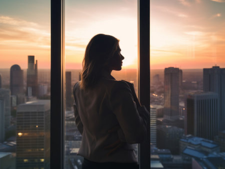 A woman standing in front of a window looking out at the city. AI generative image.の素材