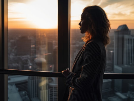 A woman standing in front of a window overlooking a city. AI generative image.の素材