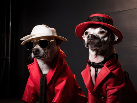 Two small fashion dogs wearing red jackets and hats. AI generative image.の素材